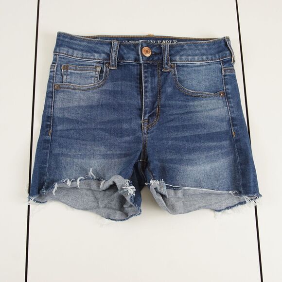 American Eagle Next Level Stretch Hi Rise Shortie Blue Denim Shorts Sz 2 - Picture 1 of 9